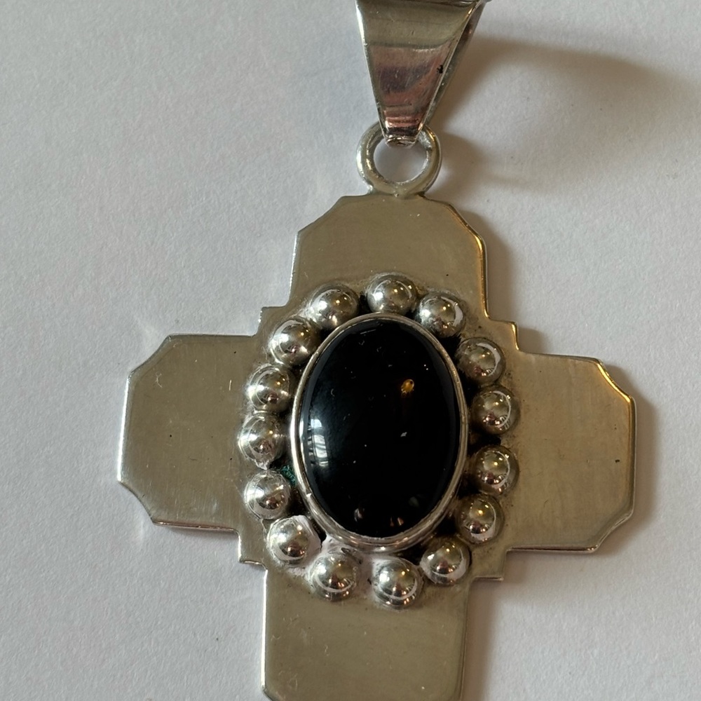 Taxco Mexico TC-117 Sterling Silver Onyx 8x18mm Cross  Pendant